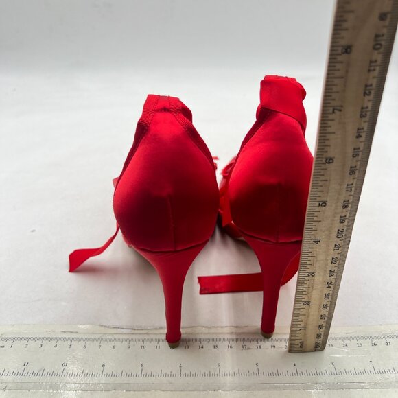 XYD Red Ribbon Lace-up Pumps Square Toe Ankle Strappy Bowknot Prom Shoes - Picture 4 of 7